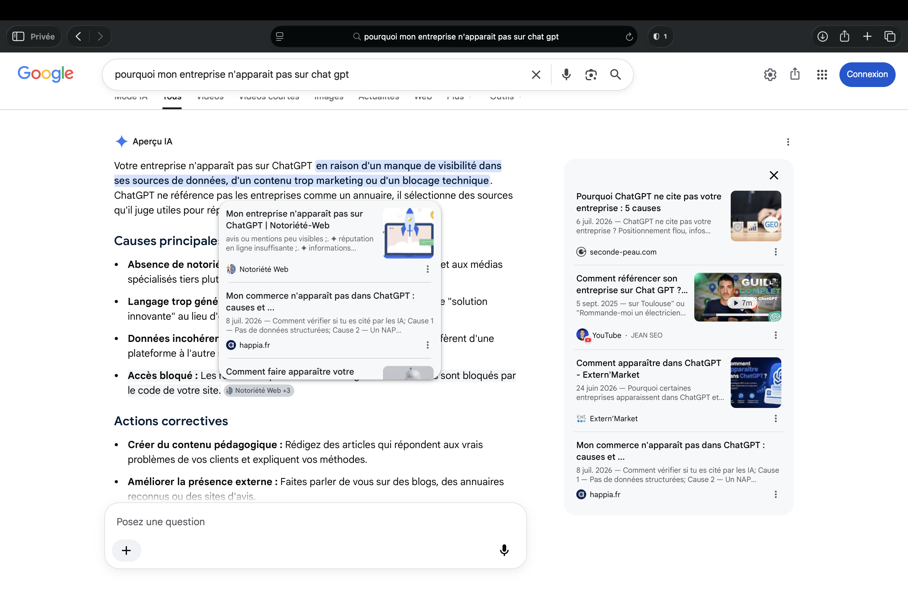 Aperçu IA de Google citant happia.fr comme source